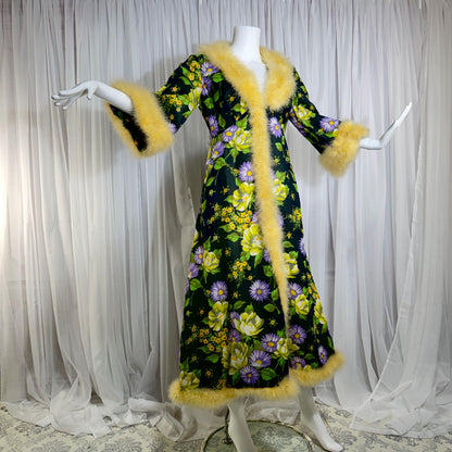 vintage dressing gown robe, POGINA 1970s Floral Nylon Housecoat with feather trim