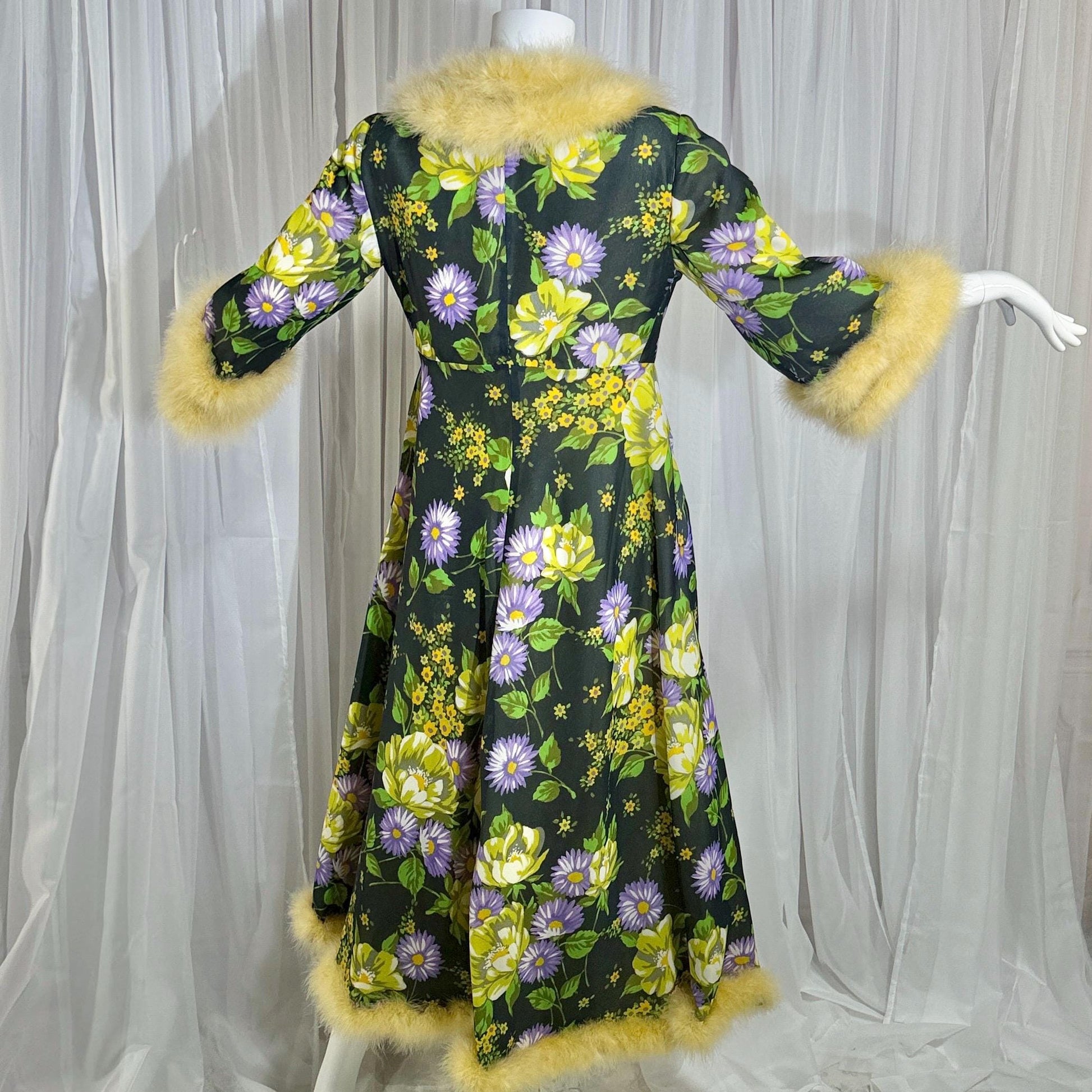 vintage dressing gown robe, POGINA 1970s Floral Nylon Housecoat with feather trim