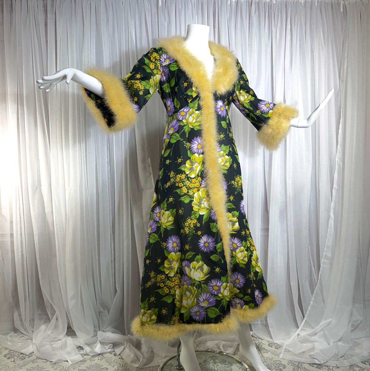 vintage dressing gown robe, POGINA 1970s Floral Nylon Housecoat with feather trim