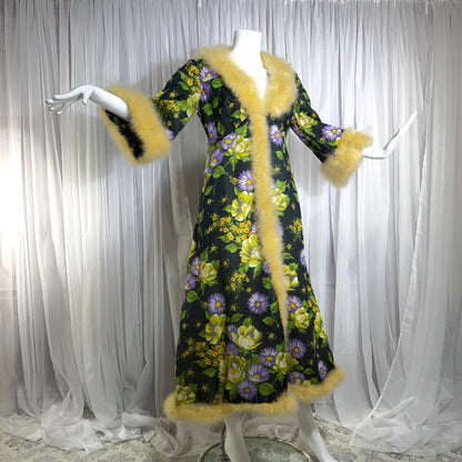 vintage dressing gown robe, POGINA 1970s Floral Nylon Housecoat with feather trim