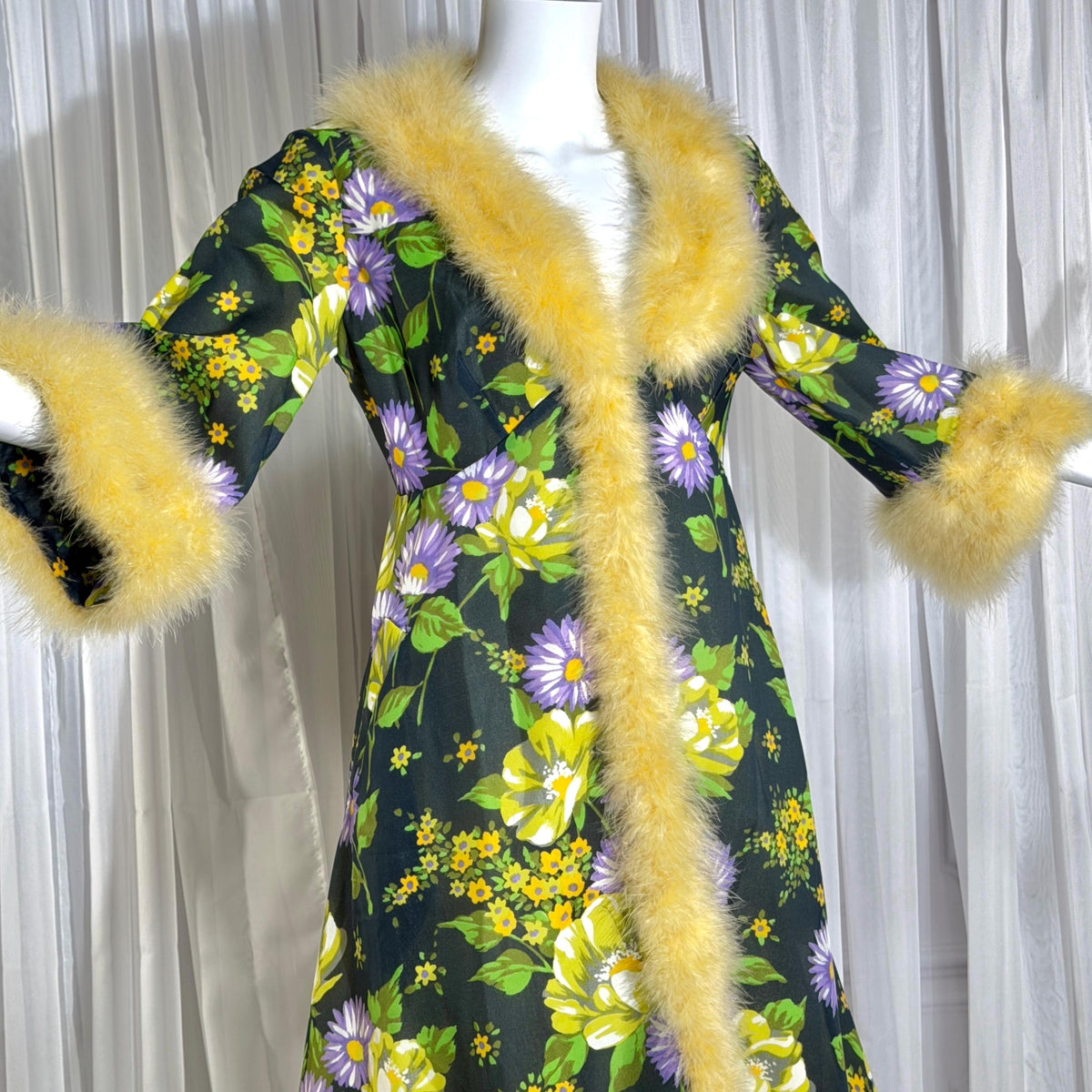 vintage dressing gown robe, POGINA 1970s Floral Nylon Housecoat with feather trim