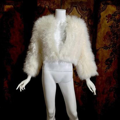 Vintage Marabou feather jacket, 1970s Snowy white disco cropped evening coat