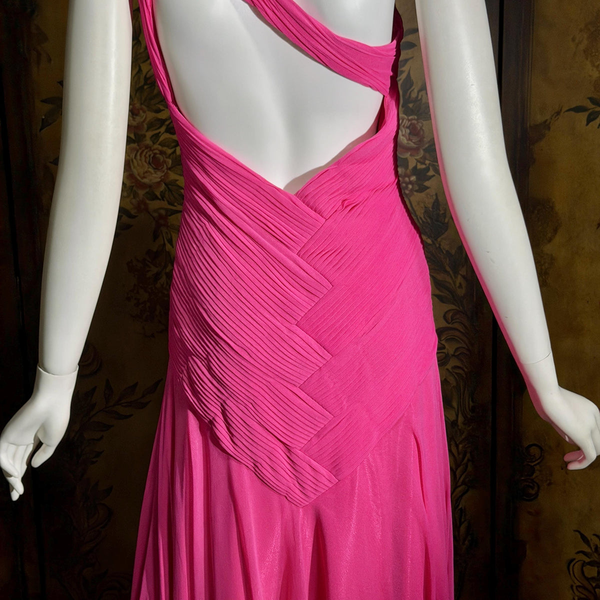 Vintage Y2K SUE WONG Slip Dress, Hot Pink Nylon One Shoulder sheath gown