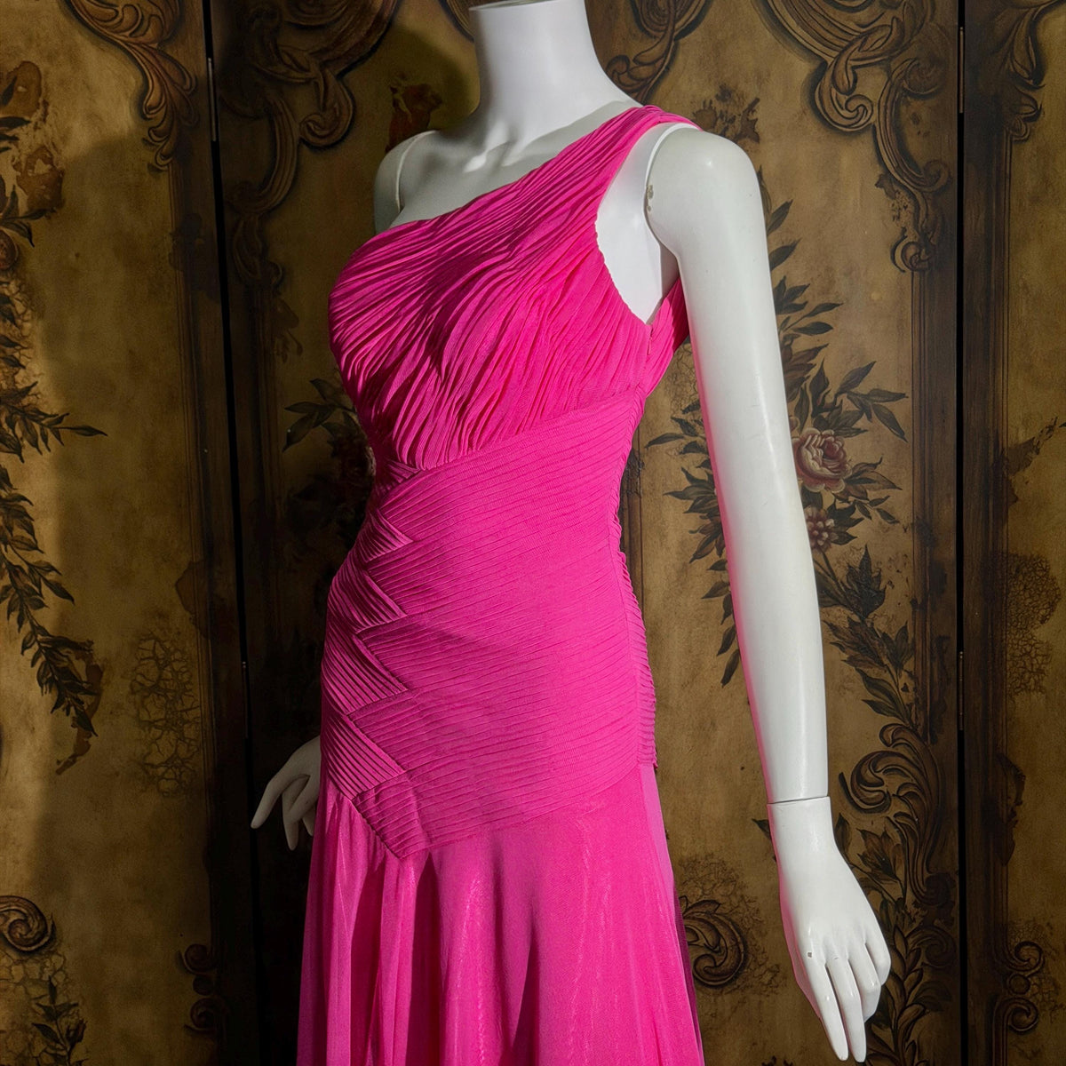 Vintage Y2K SUE WONG Slip Dress, Hot Pink Nylon One Shoulder sheath gown