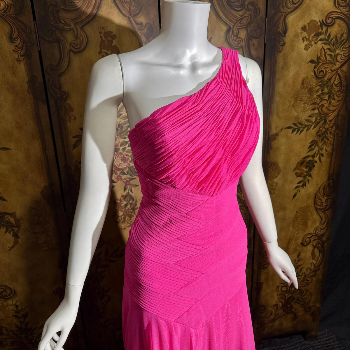 Vintage Y2K SUE WONG Slip Dress, Hot Pink Nylon One Shoulder sheath gown