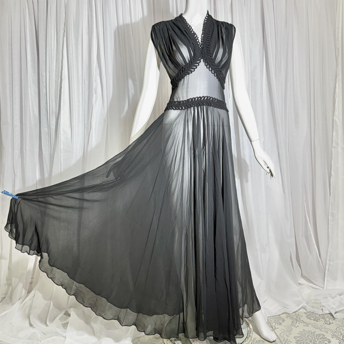 vintage 1930s evening dress, Old Hollywood Black Silk Chiffon totally sheer gown