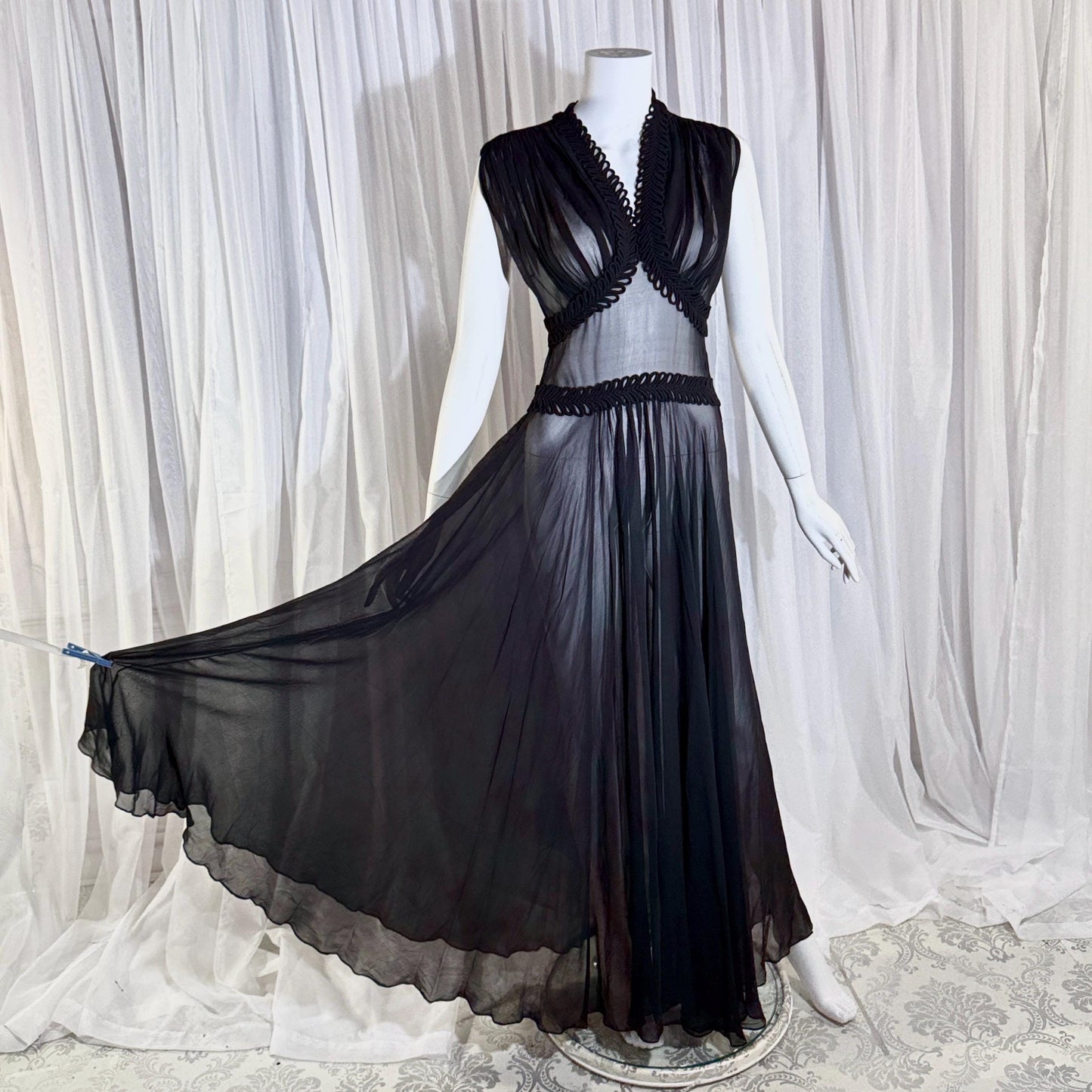 vintage 1930s evening dress, Old Hollywood Black Silk Chiffon totally sheer gown