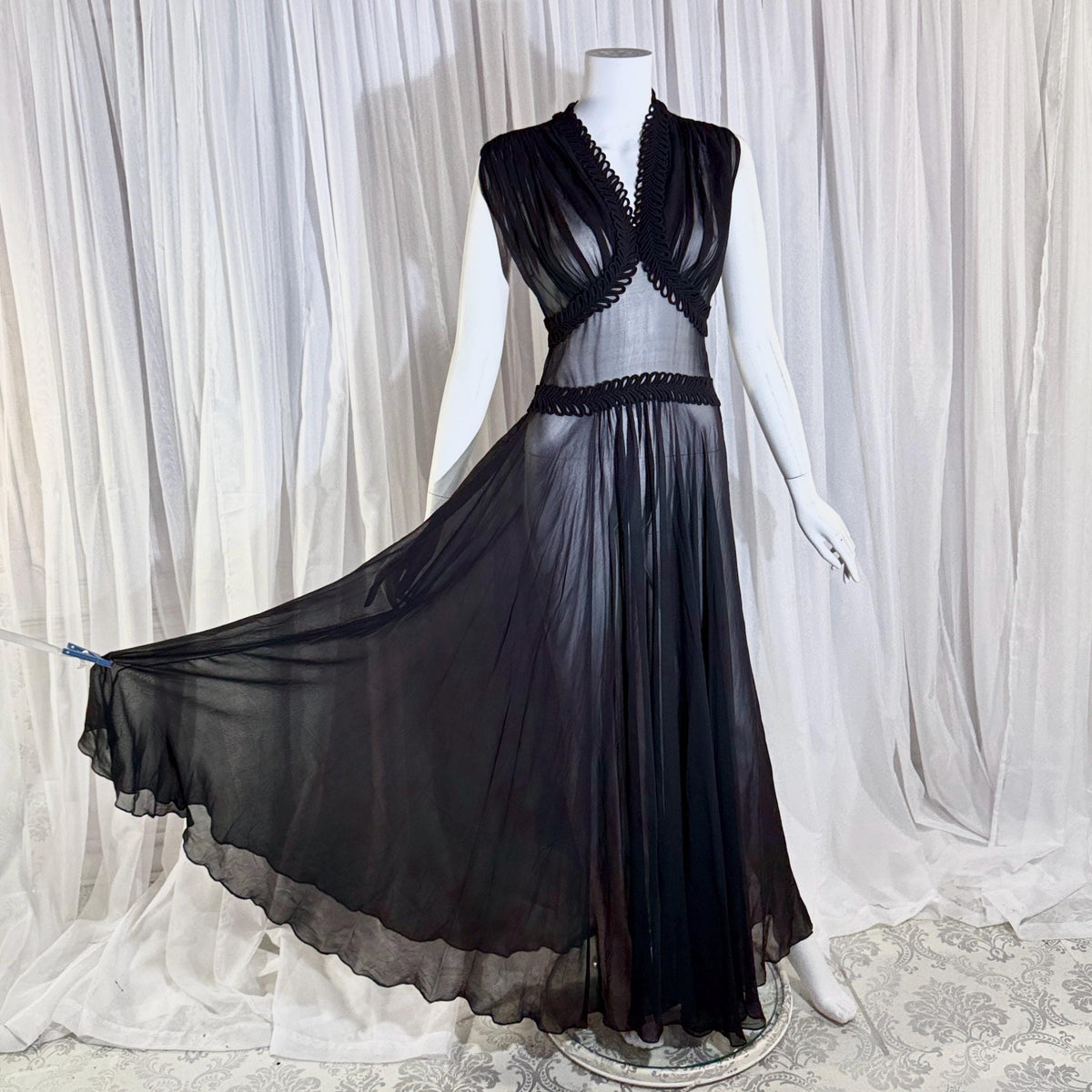 vintage 1930s evening dress, Old Hollywood Black Silk Chiffon totally sheer gown