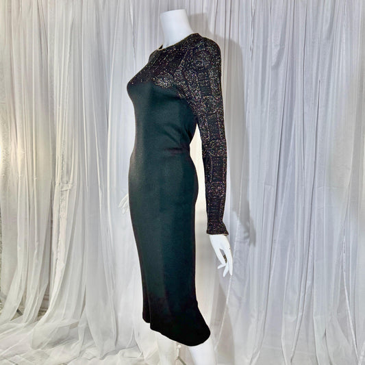 MARY MCFADDEN vintage 1970s knit cocktail dress, Black Gold Long Sleeve Office Party dress