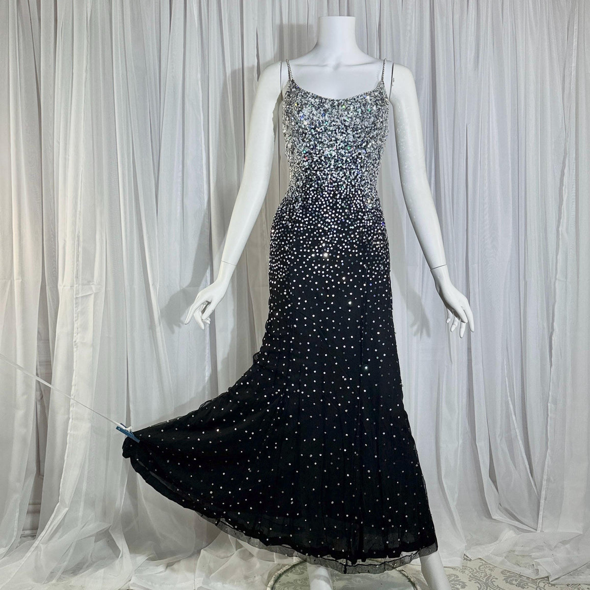 vintage 1980s RIAZEE BOUTIQUE evening dress gown, Lillie Rubin Black Silk Sequin Evening slip dress