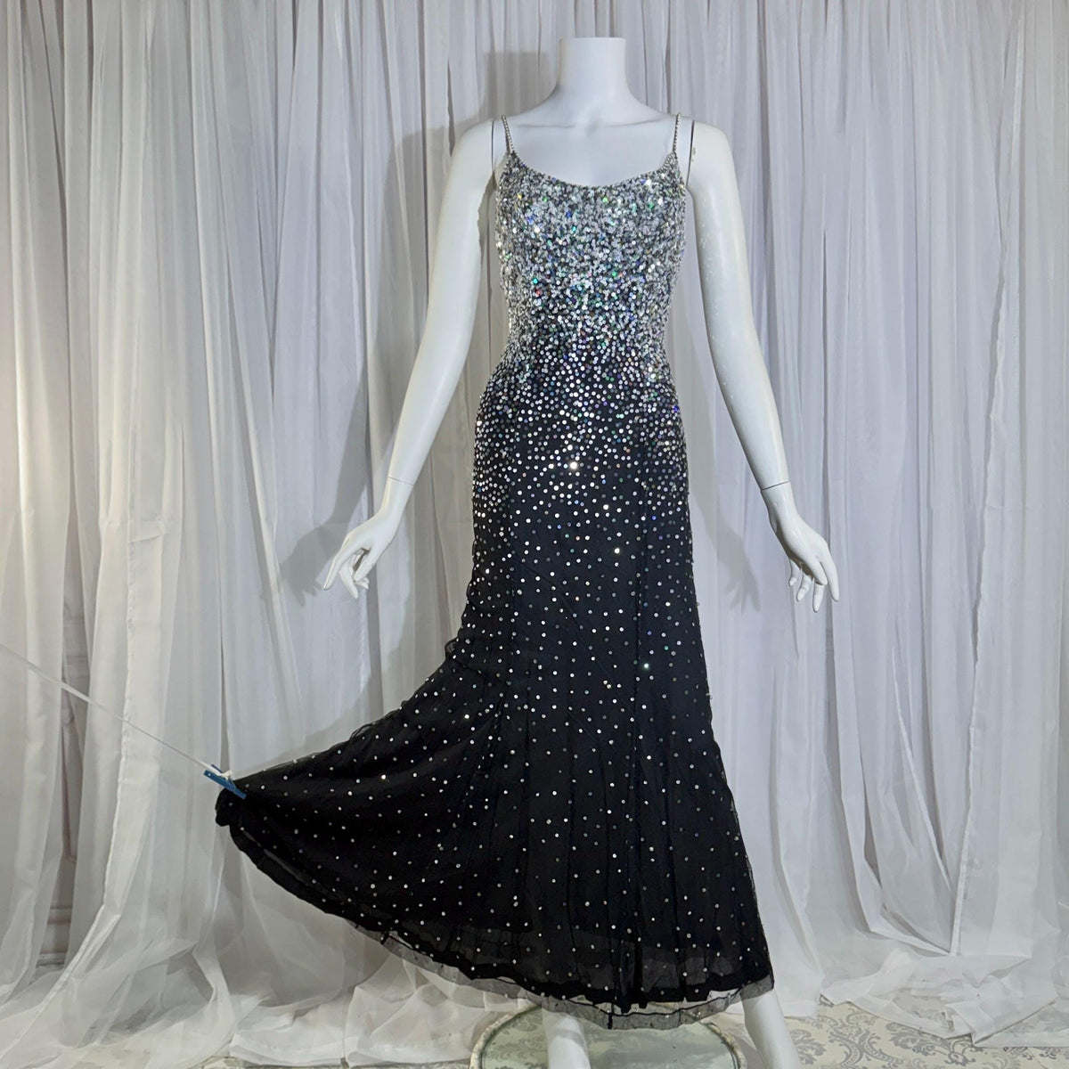 vintage 1980s RIAZEE BOUTIQUE evening dress gown, Lillie Rubin Black Silk Sequin Evening slip dress