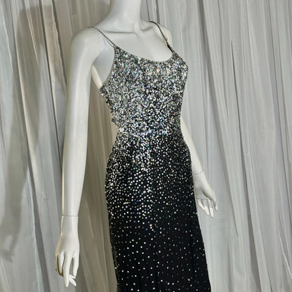 vintage 1980s RIAZEE BOUTIQUE evening dress gown, Lillie Rubin Black Silk Sequin Evening slip dress