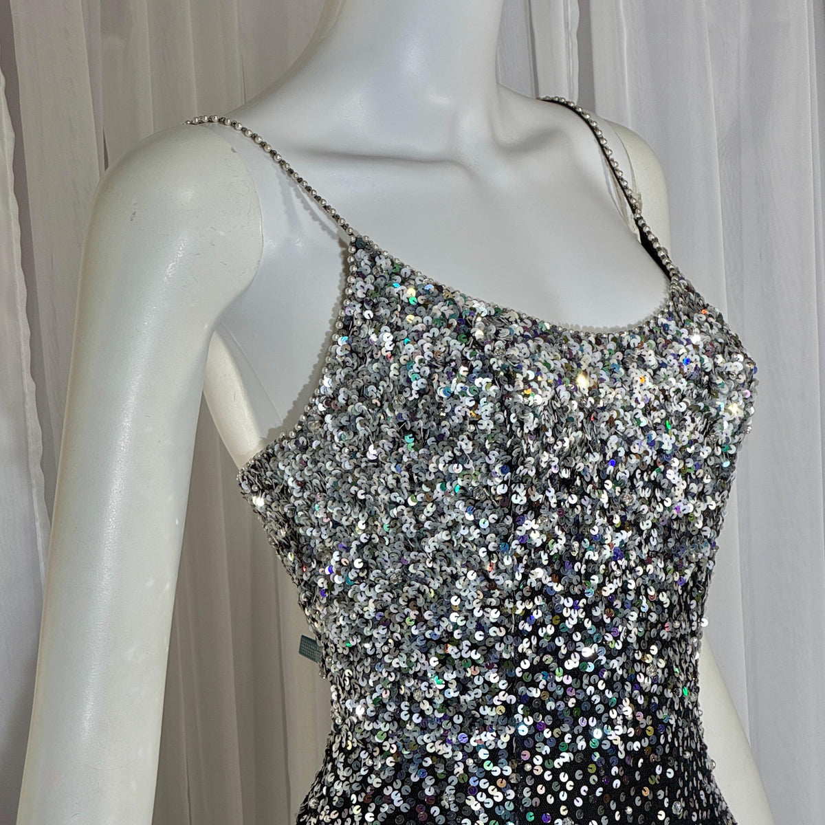 vintage 1980s RIAZEE BOUTIQUE evening dress gown, Lillie Rubin Black Silk Sequin Evening slip dress
