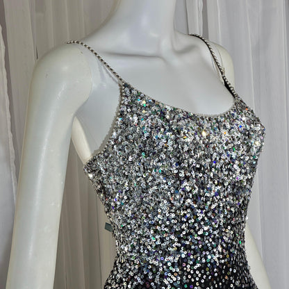 vintage 1980s RIAZEE BOUTIQUE evening dress gown, Lillie Rubin Black Silk Sequin Evening slip dress
