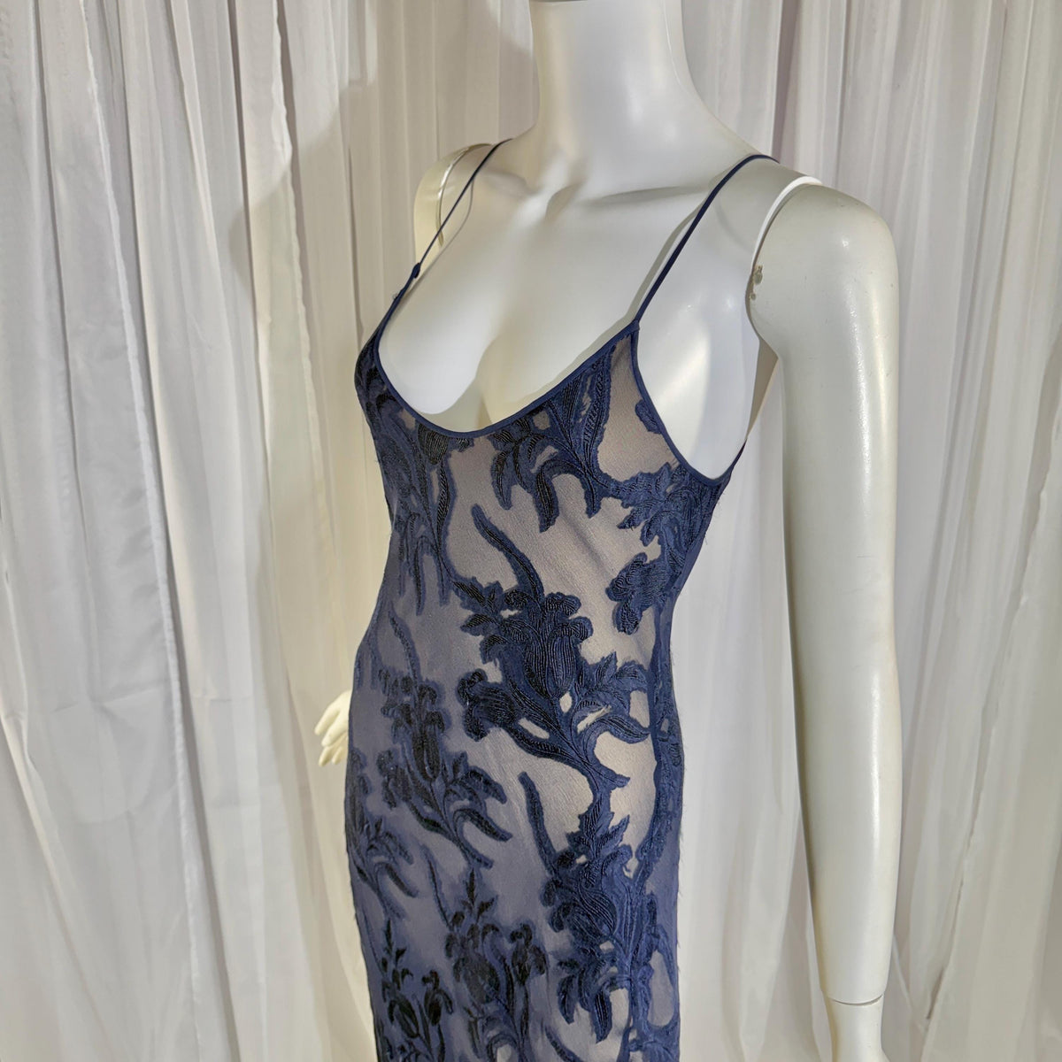 Vintage 1990s CAROL PERETZ evening slip dress, Navy Blue Silk Burnout bias cut slip dress