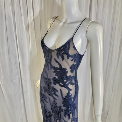 Vintage 1990s CAROL PERETZ evening slip dress, Navy Blue Silk Burnout bias cut slip dress