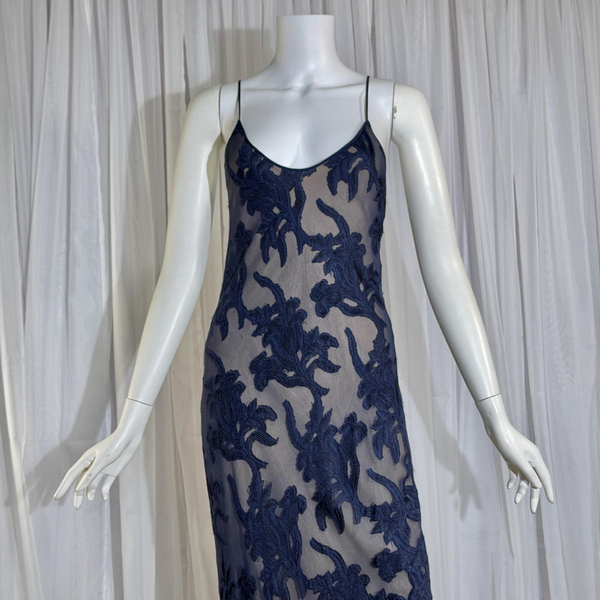 Vintage 1990s CAROL PERETZ evening slip dress, Navy Blue Silk Burnout bias cut slip dress