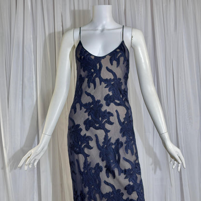 Vintage 1990s CAROL PERETZ evening slip dress, Navy Blue Silk Burnout bias cut slip dress
