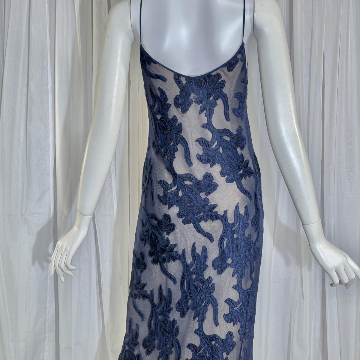 Vintage 1990s CAROL PERETZ evening slip dress, Navy Blue Silk Burnout bias cut slip dress