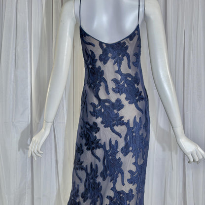 Vintage 1990s CAROL PERETZ evening slip dress, Navy Blue Silk Burnout bias cut slip dress