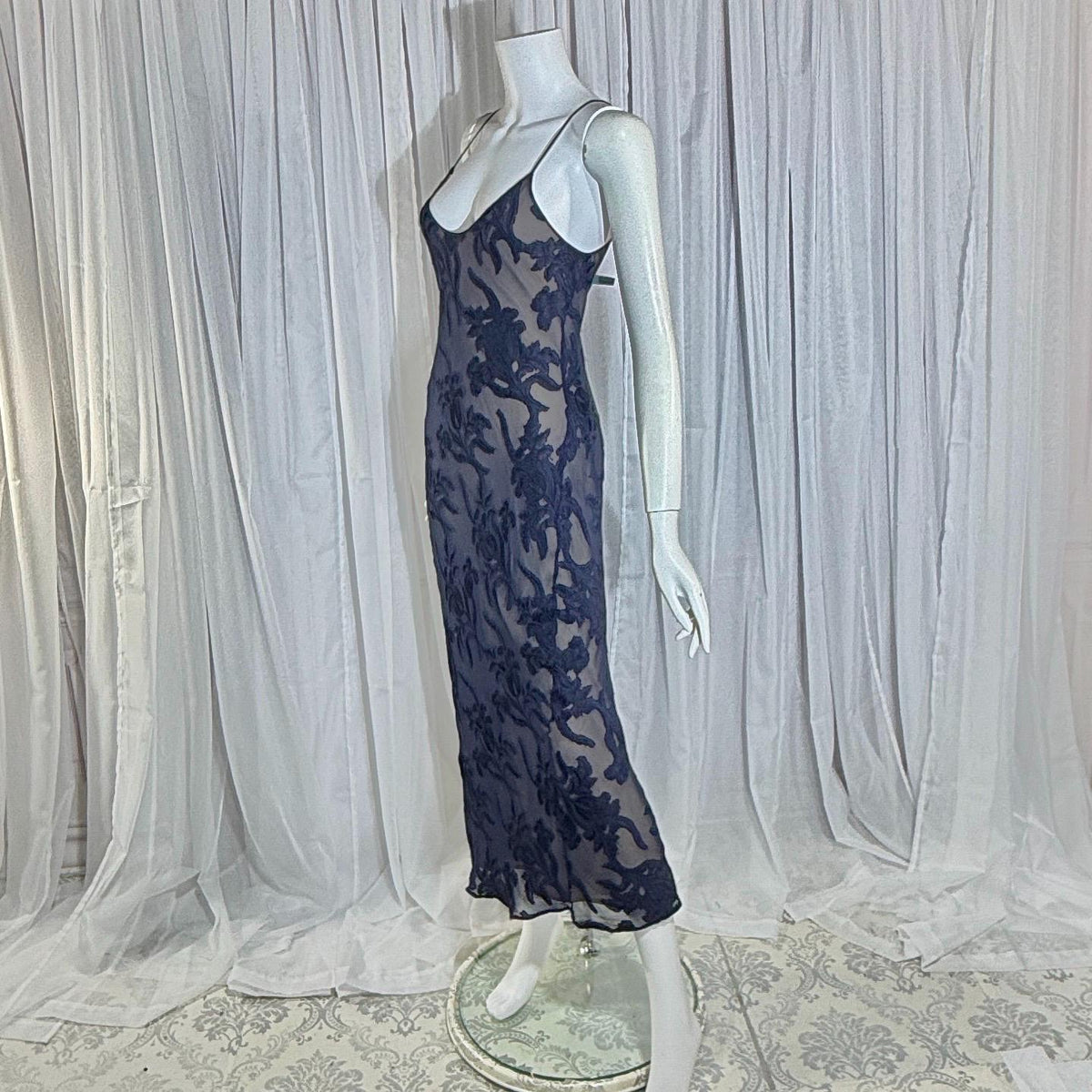 Vintage 1990s CAROL PERETZ evening slip dress, Navy Blue Silk Burnout bias cut slip dress