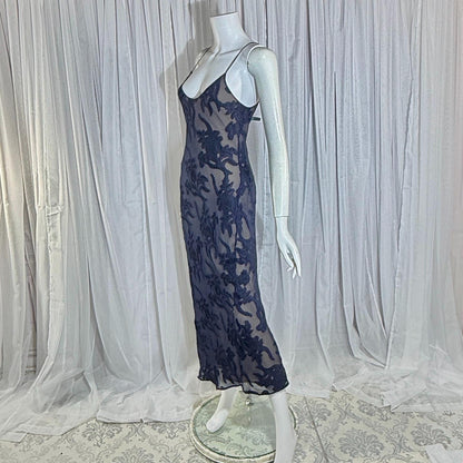 Vintage 1990s CAROL PERETZ evening slip dress, Navy Blue Silk Burnout bias cut slip dress