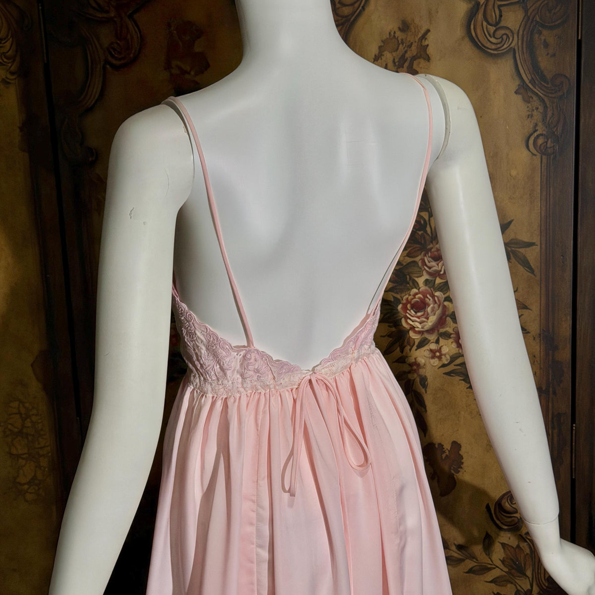 vintage 1940s nightgown slip dress, BY IRIS pink embroidered drawstring waist lingerie dress