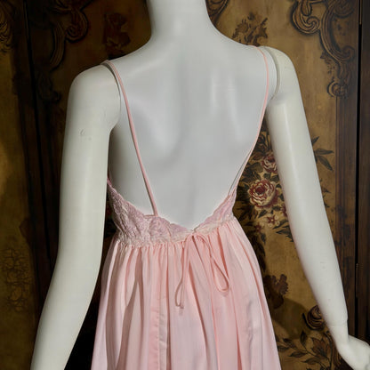 vintage 1940s nightgown slip dress, BY IRIS pink embroidered drawstring waist lingerie dress