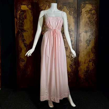 vintage 1940s nightgown slip dress, BY IRIS pink embroidered drawstring waist lingerie dress