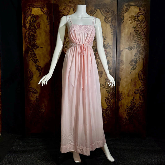 vintage 1940s nightgown slip dress, BY IRIS pink embroidered drawstring waist lingerie dress