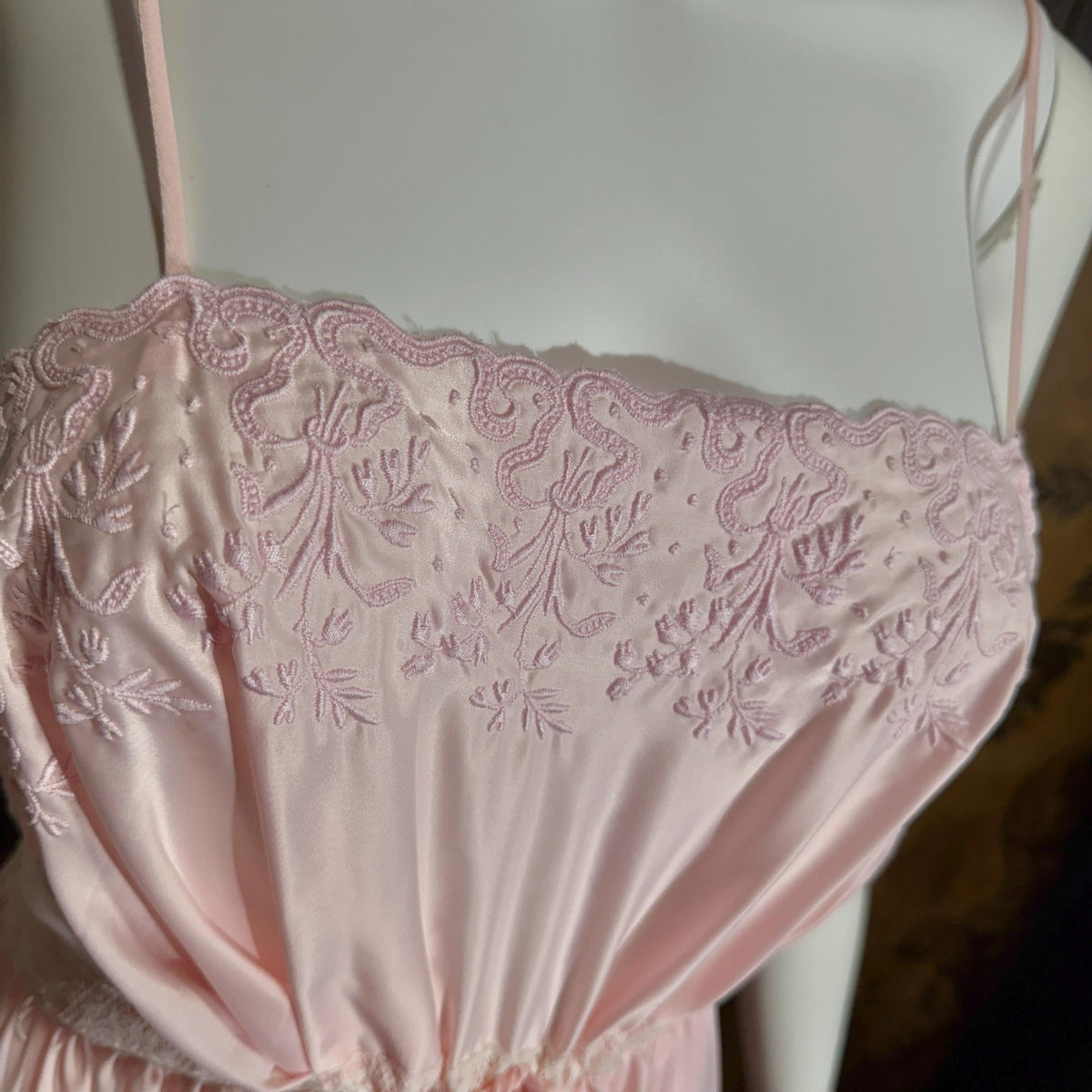 vintage 1940s nightgown slip dress, BY IRIS pink embroidered drawstring waist lingerie dress
