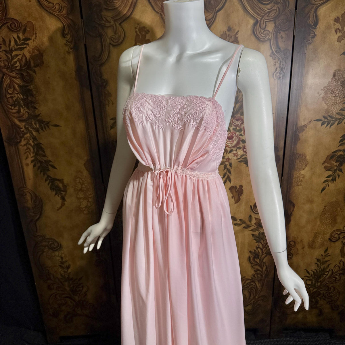 vintage 1940s nightgown slip dress, BY IRIS pink embroidered drawstring waist lingerie dress