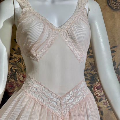 vintage 1940s nightgown slip dress, LADY DUFF Powder Pink Micro Pleat Nylon lingerie dress