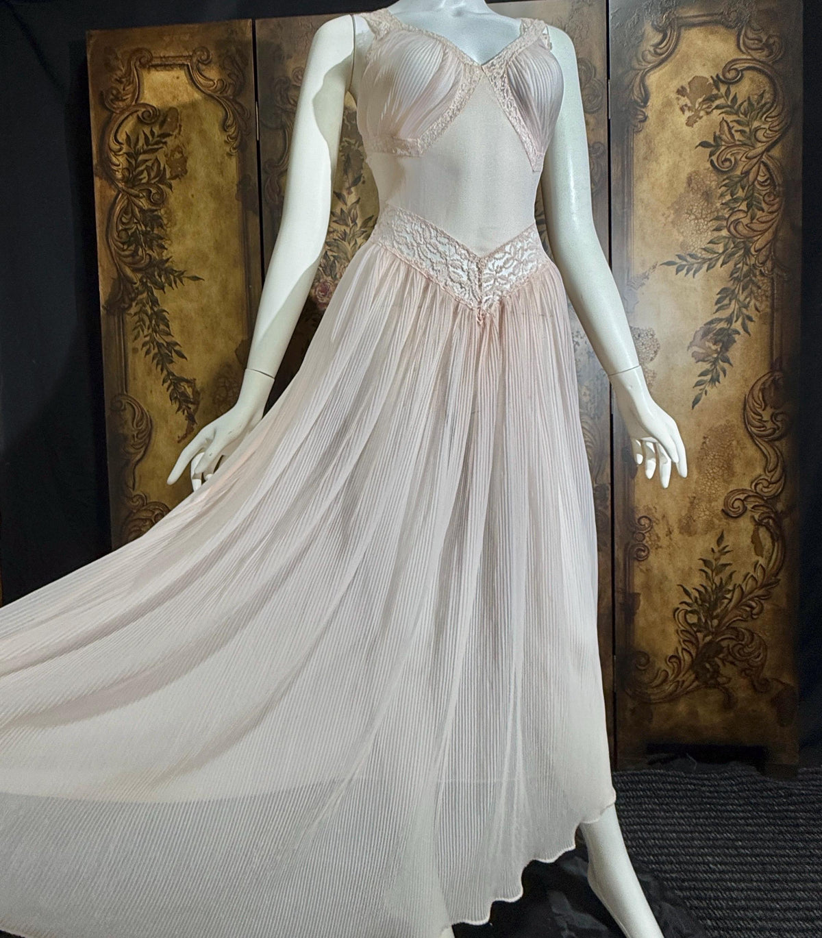 vintage 1940s nightgown slip dress, LADY DUFF Powder Pink Micro Pleat Nylon lingerie dress