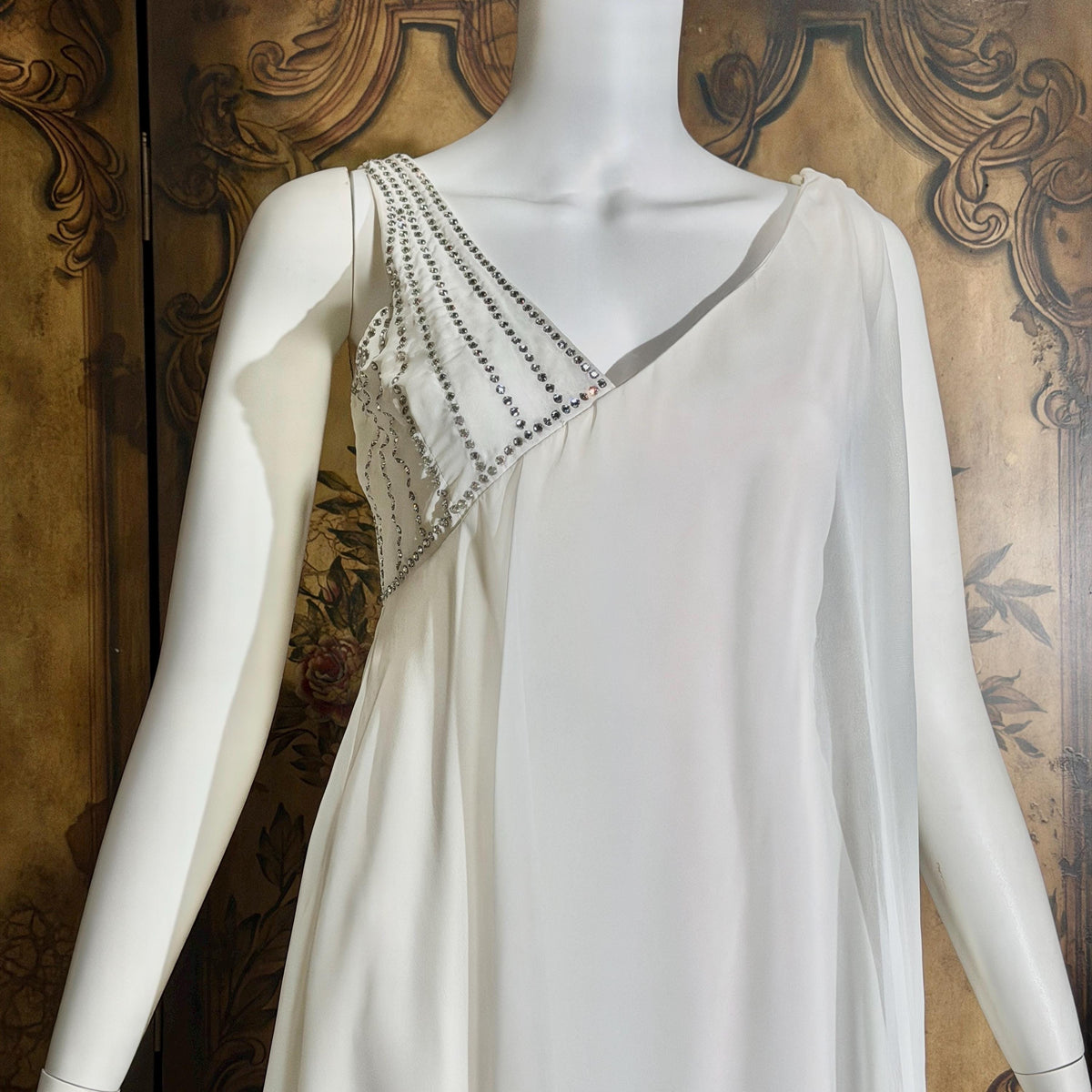 vintage wedding dress gown, 1970s ESTEVEZ white one shoulder grecian goddess dress