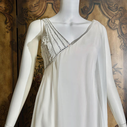 vintage wedding dress gown, 1970s ESTEVEZ white one shoulder grecian goddess dress
