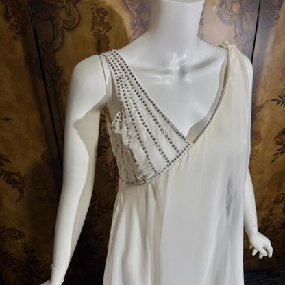 vintage wedding dress gown, 1970s ESTEVEZ white one shoulder grecian goddess dress