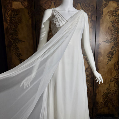 vintage wedding dress gown, 1970s ESTEVEZ white one shoulder grecian goddess dress