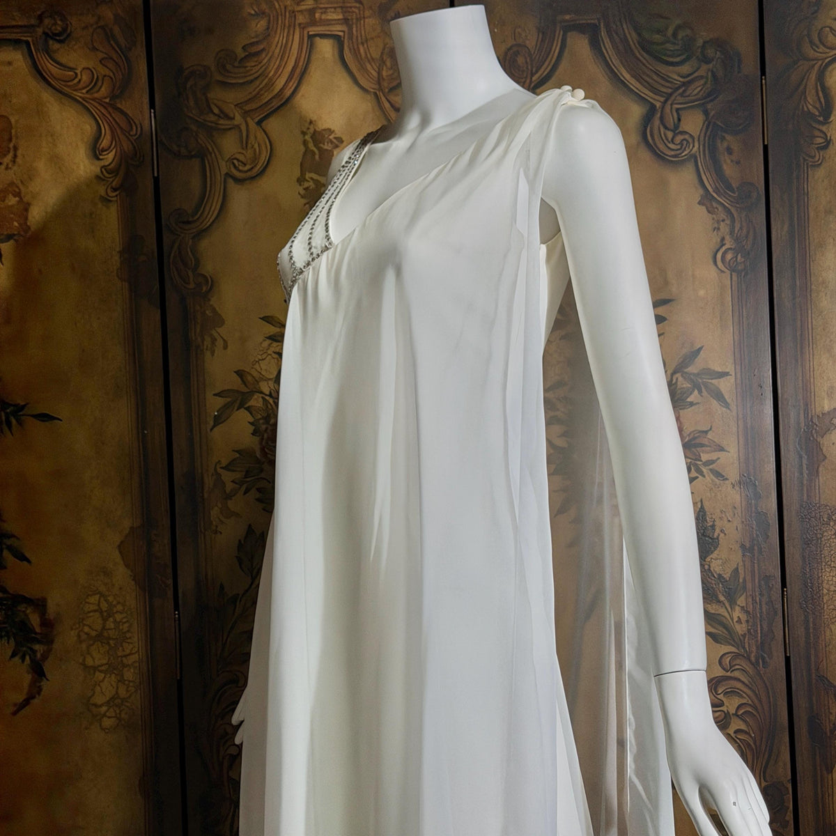 vintage wedding dress gown, 1970s ESTEVEZ white one shoulder grecian goddess dress