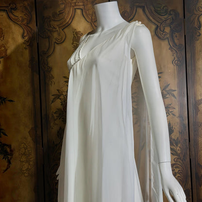 vintage wedding dress gown, 1970s ESTEVEZ white one shoulder grecian goddess dress