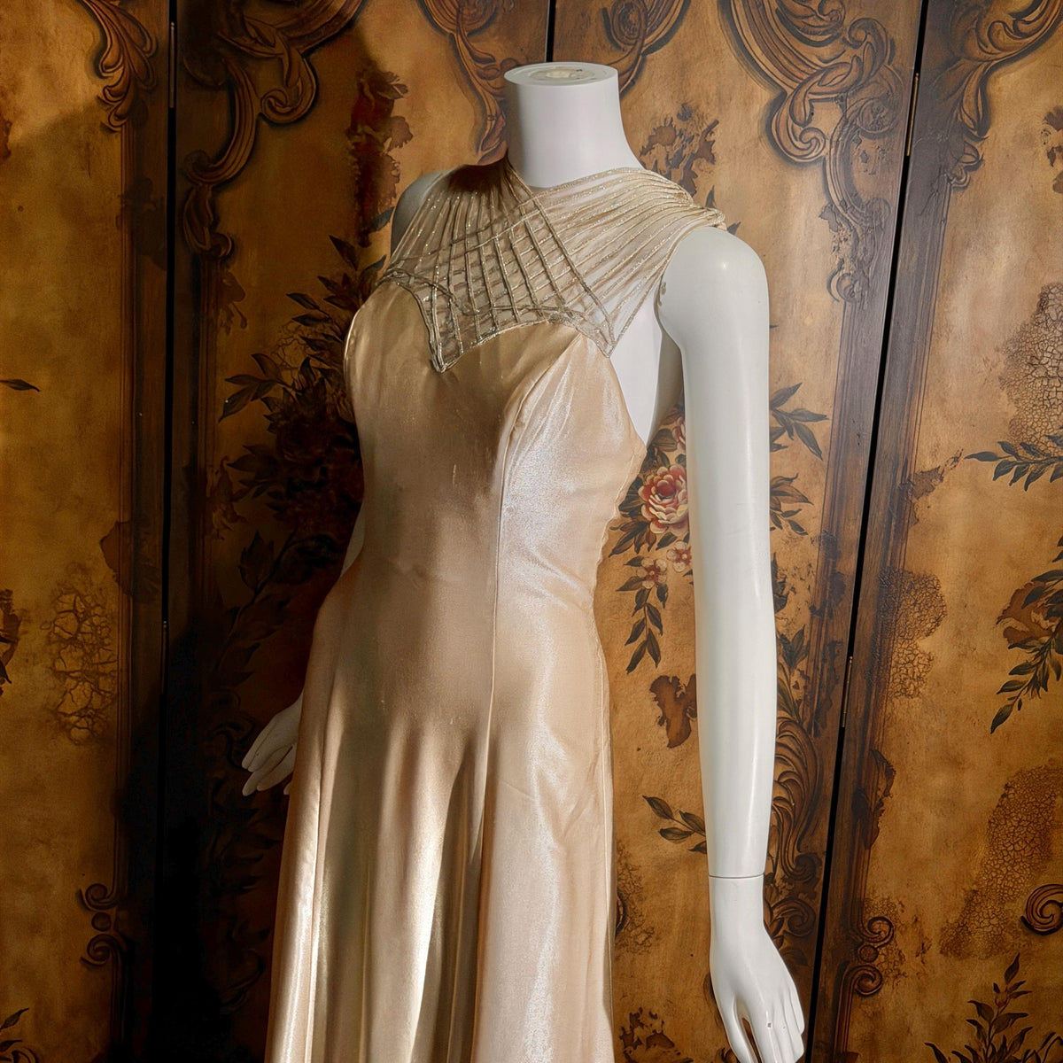vintage 1990s wedding dress gown, ALFRED ANGELO Champagne Satin Cage Top gown