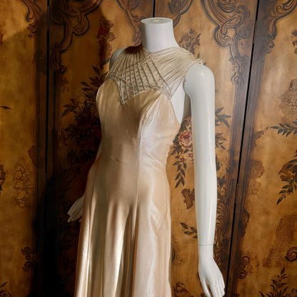 vintage 1990s wedding dress gown, ALFRED ANGELO Champagne Satin Cage Top gown