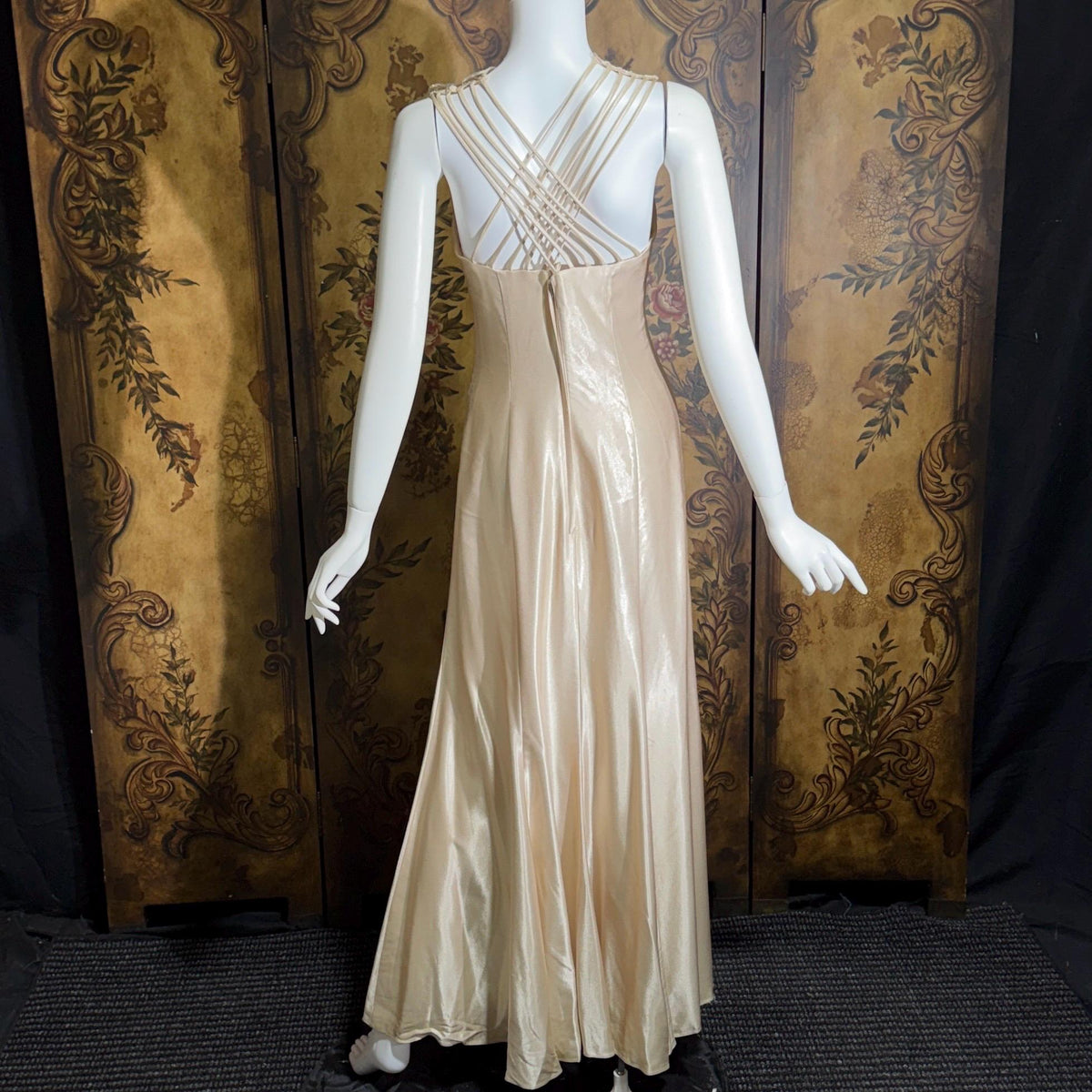 vintage 1990s wedding dress gown, ALFRED ANGELO Champagne Satin Cage Top gown