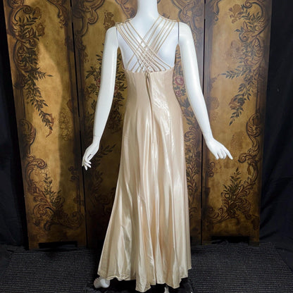 vintage 1990s wedding dress gown, ALFRED ANGELO Champagne Satin Cage Top gown