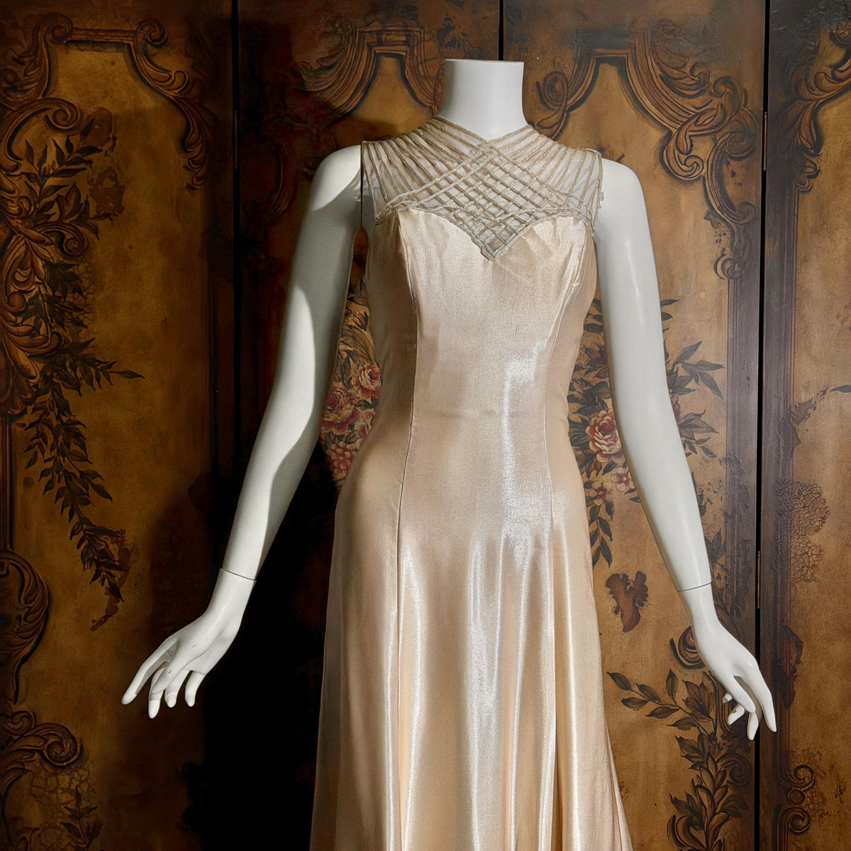 vintage 1990s wedding dress gown, ALFRED ANGELO Champagne Satin Cage Top gown