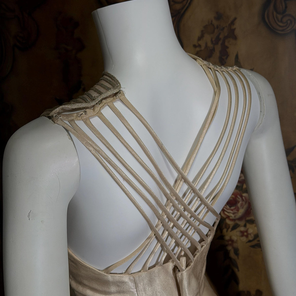 vintage 1990s wedding dress gown, ALFRED ANGELO Champagne Satin Cage Top gown