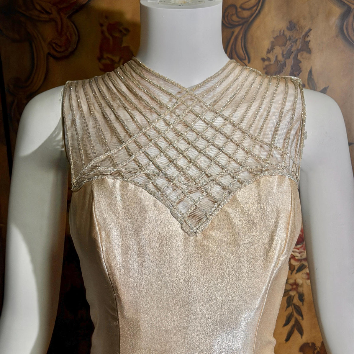 vintage 1990s wedding dress gown, ALFRED ANGELO Champagne Satin Cage Top gown