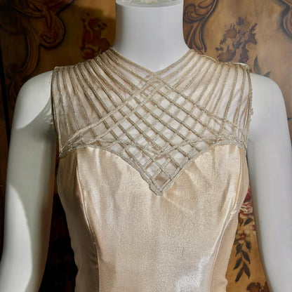 vintage 1990s wedding dress gown, ALFRED ANGELO Champagne Satin Cage Top gown