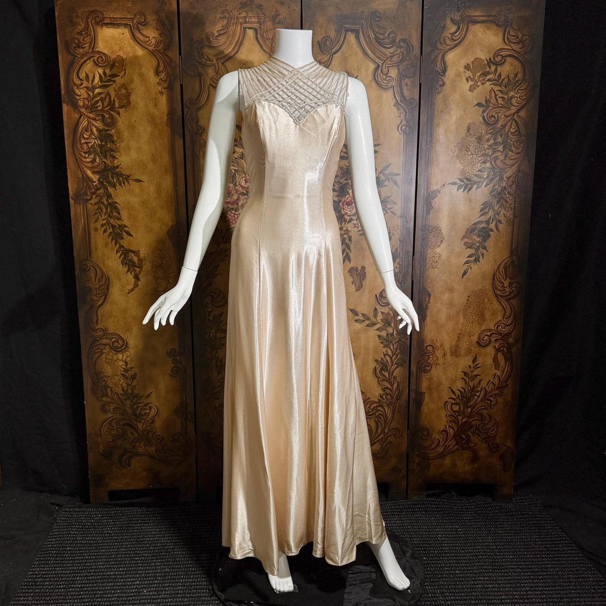 vintage 1990s wedding dress gown, ALFRED ANGELO Champagne Satin Cage Top gown