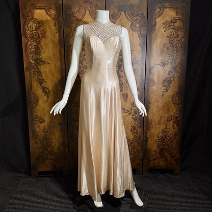 vintage 1990s wedding dress gown, ALFRED ANGELO Champagne Satin Cage Top gown